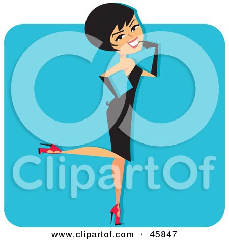 Royalty-free (RF) Clipart Illustration of a Sexy Woman In A Little Black Dress, Kicking Back One Heel by Monica