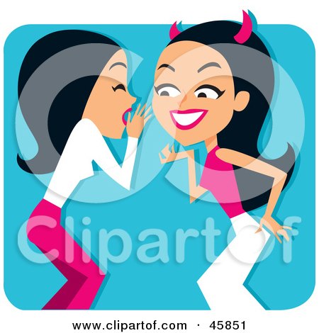 Royalty-free (RF) Clipart Illustration of a Woman Whispering Rumors To A She Devil by Monica