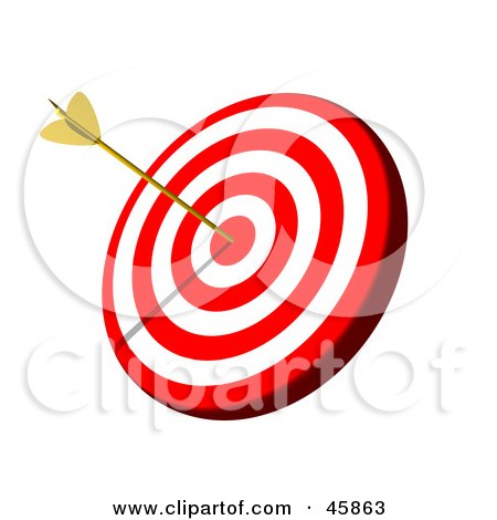 Royalty-free (RF) Clipart Illustration of a Golden Arrow In The Bullseye Of A Target Board by ShazamImages