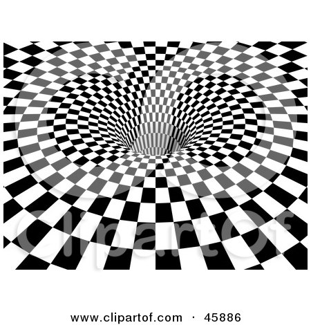 Royalty-free (RF) Clipart Illustration of a Background Of Black And White Checkers Being Sucked Down Into A Hole by ShazamImages