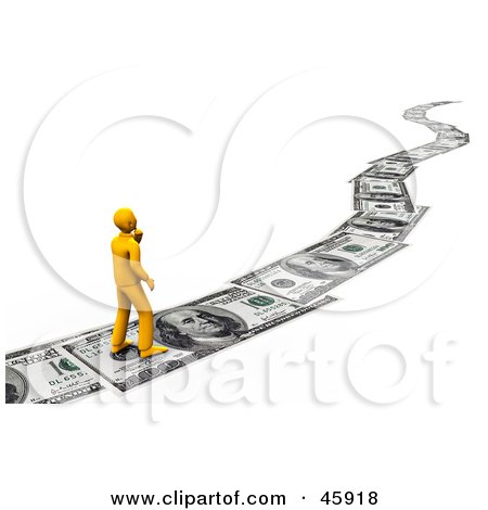 Royalty-Free (RF) Clipart Illustration of an Orange Man Walking On A Path Of Banknotes, Symbolizing Debt, Investing And Wealth by chrisroll