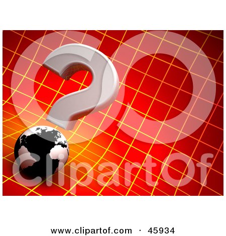Royalty-Free (RF) Clipart Illustration of a 3d Question Mark Above A Globe On A Red Grid Background by chrisroll
