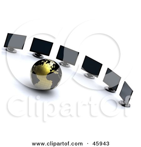 Royalty-Free (RF) Clipart Illustration of a 3d Gold And Black Globe Surrounded By Computer Monitors, Symbolizing Networking And International Business by chrisroll