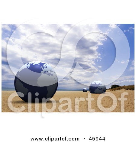 Royalty-Free (RF) Clipart Illustration of Three Blue Globes Resting In The Sand On A Beach by chrisroll