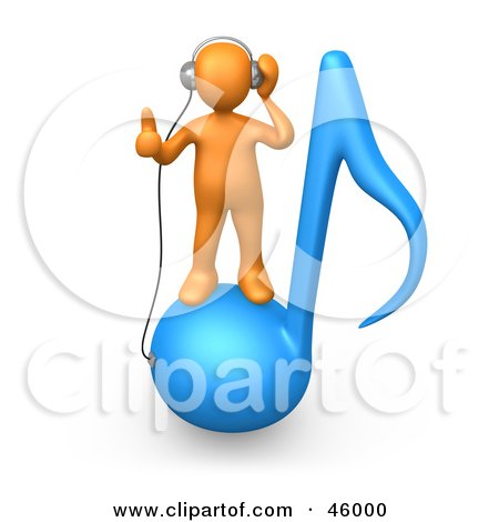 Royalty-Free (RF) Clipart Illustration of an Orange 3d Person Standing On A Blue Music Note And Wearing Headphones  by 3poD