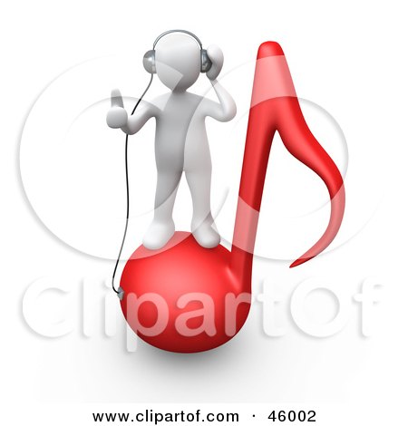 Royalty-Free (RF) Clipart Illustration of a White 3d Person Standing On A Red Music Note And Wearing Headphones  by 3poD