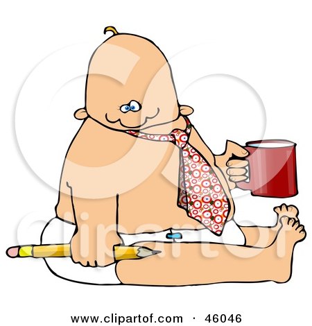Royalty-Free (RF) Clipart Illustration of a Business Baby In A Tie And Diaper, Holding A Pencil And Coffee, Symbolizing Immaturity by djart