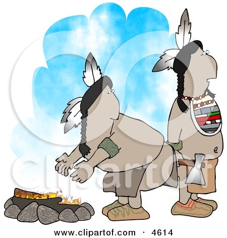 Two Native American Indians Standing Alertly Beside a Campfire Clipart by djart