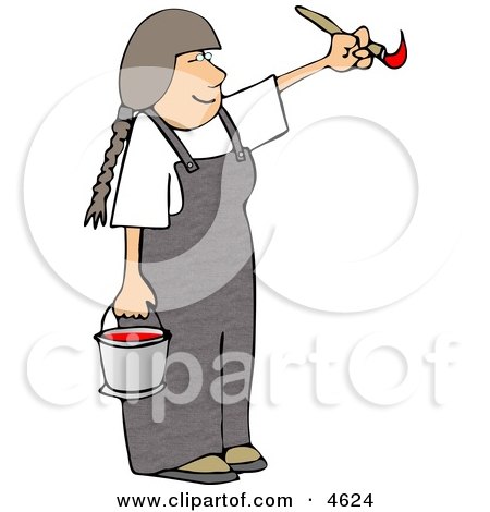 Young Girl Artist Painting with a Paintbrush and Bucket of Red Paint Clipart by djart