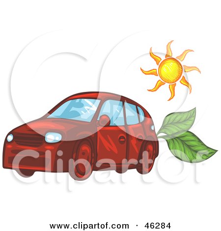 Royalty-Free (RF) Clipart Illustration of The Sun Over A Red Solar Powered Car With Leaves In The Back by Tonis Pan
