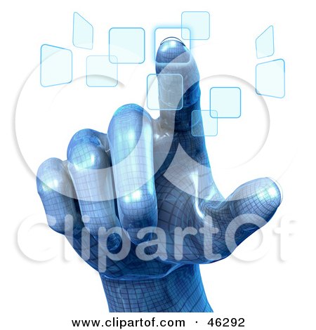 Royalty-Free (RF) Clipart Illustration of a 3d Blue Robotic Hand Pushing Touch Screen Buttons by Tonis Pan