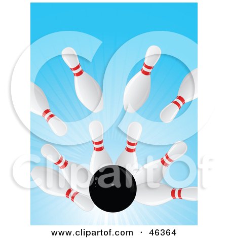 Royalty-Free (RF) Clipart Illustration of a Black Bowling Ball Crashing Into Pins In An Alley by elaineitalia