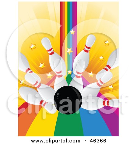 Royalty-Free (RF) Clipart Illustration of a Bowling Ball Crashing Into Pins In A Rainbow Alley by elaineitalia