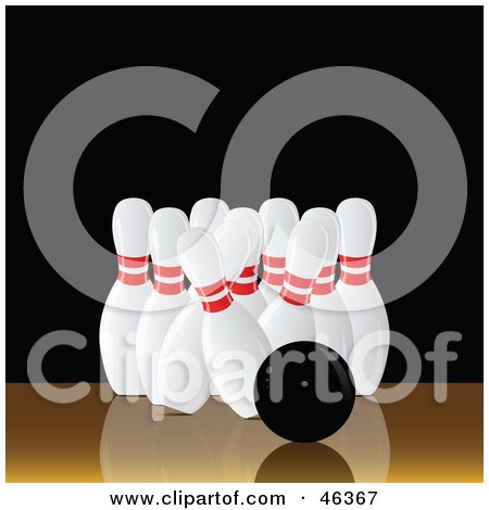Royalty-Free (RF) Clipart Illustration of a Black Bowling Ball Barely Knocking Down Pins by elaineitalia
