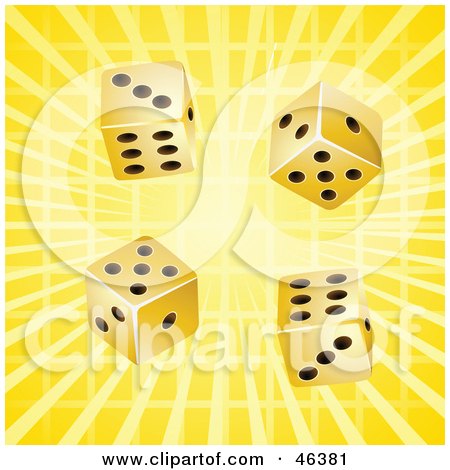 Royalty-Free (RF) Clipart Illustration of Four Lucky Gold Casino Dice Rolling On A Bursting Yellow Background by elaineitalia