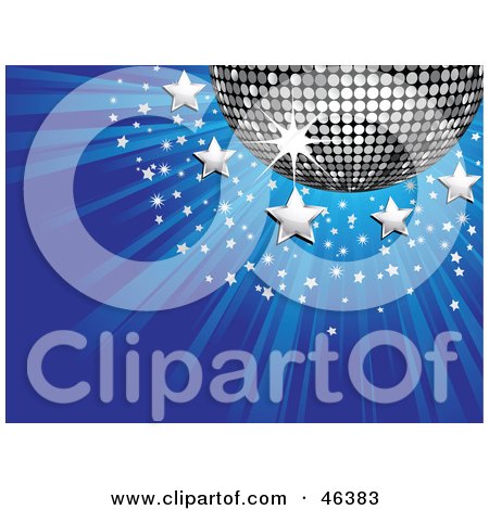 Royalty-Free (RF) Clipart Illustration of a Shiny Silver Disco Ball With Stars On A Bursting Blue Background by elaineitalia