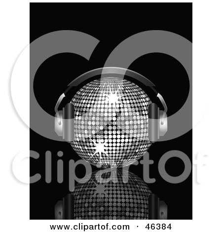 Royalty-Free (RF) Clipart Illustration of a Shiny Silver Disco Ball Listening To Tunes With Headphones by elaineitalia