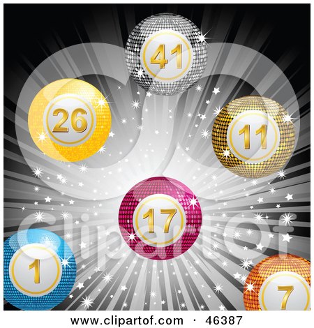 Royalty-Free (RF) Clipart Illustration of a Burst Of Colorful Disco Lottery Bingo Balls On A Sparkly Gray Background by elaineitalia