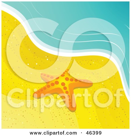 Royalty-Free (RF) Clipart Illustration of a Lone Starfish In The Sand At The Water's Edge On A Beach by elaineitalia