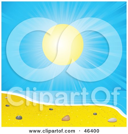 Royalty-Free (RF) Clipart Illustration of The Sun Shining Brightly On Sea Shells On A Summer Beach by elaineitalia