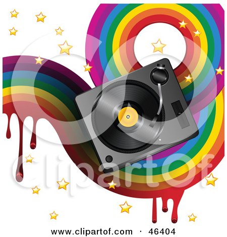 Royalty-Free (RF) Clipart Illustration of a Funky Music Background With A Dripping Rainbow, Stars And A Turntable On White by elaineitalia
