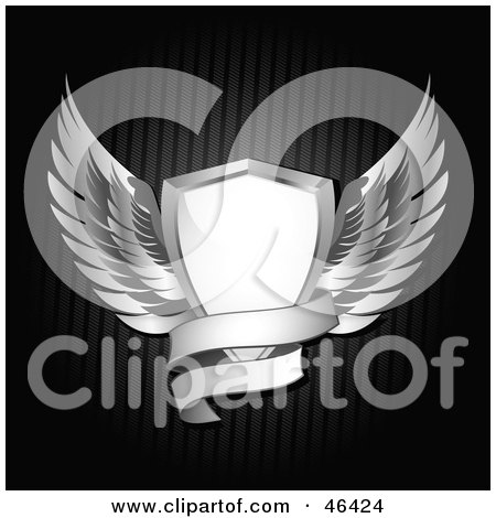 Royalty-Free (RF) Clipart Illustration of a White And Chrome Winged Shield With A Blank Banner by elaineitalia