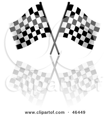 Royalty-Free (RF) Clipart Illustration of Two Waving Checkered Racing Flags With A Reflection On White by dero