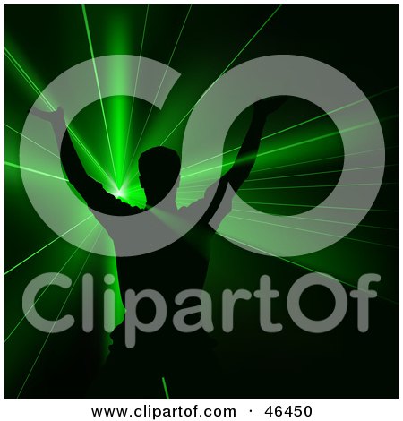 Royalty-Free (RF) Clipart Illustration of a Black Silhouetted Dabcer In Green Disco Lights by dero