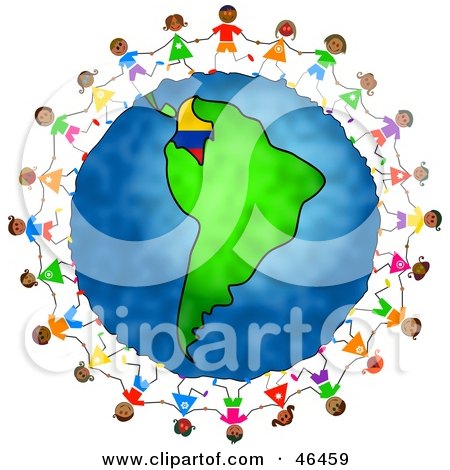 Royalty-Free (RF) Clipart Illustration of Playful Children Holding Hands And Running Around The Globe Featuring Colombia by Prawny