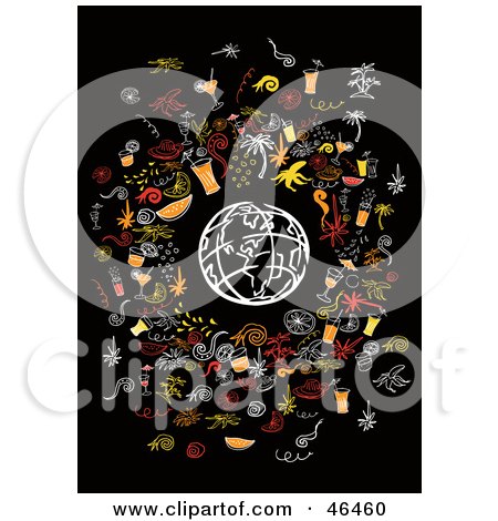 Royalty-Free (RF) Clipart Illustration of a White Sketched Globe Surrounded By Party Elements by Eugene