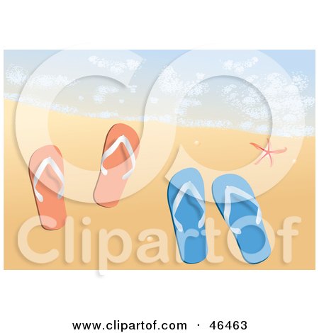 Pairs Of Male And Female Flip Flops Where The Surf Meets The Sand On A Beach Posters, Art Prints