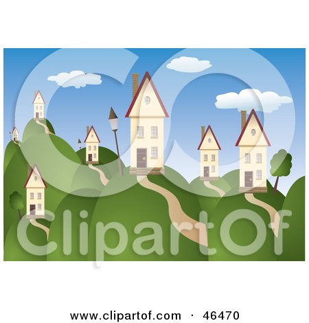 Royalty-Free (RF) Clipart Illustration of a Beautiful Rolling Hill Landscape With Homes Under A Blue Sky by Eugene