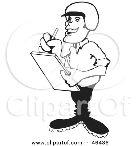 Royalty-Free (RF) Clipart Illustration of a Black And White Police Officer In A Helmet, Issuing A Ticket by David Rey