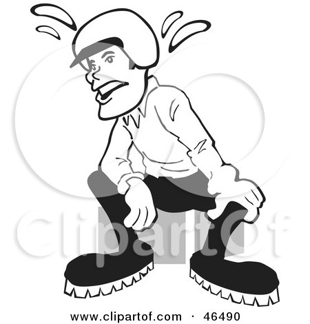 Royalty-Free (RF) Clipart Illustration of a Black And White Sweaty Man In A Helmet, Sitting And Resting by David Rey