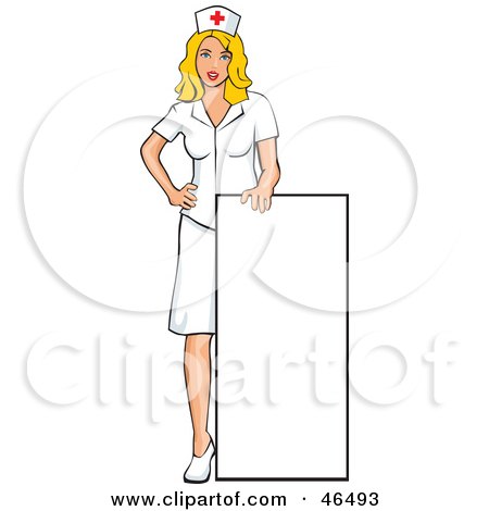 Royalty-Free (RF) Clipart Illustration of a Young Blond Nurse Holding Up A Blank Sign by David Rey