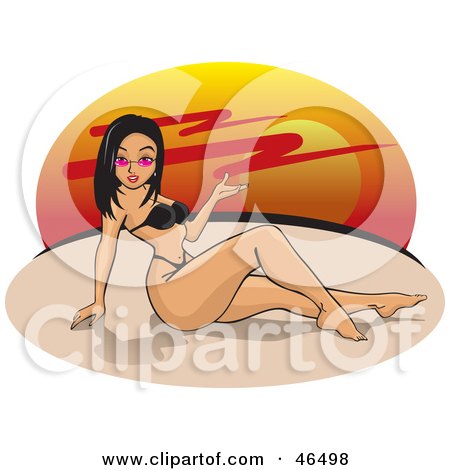 Royalty-Free (RF) Clipart Illustration of a Sexy Hispanic Woman In A Bikini, On A Sunset Beach by David Rey