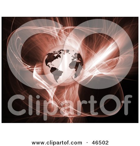 Royalty-Free (RF) Clipart Illustration of a Transparent Globe Floating Over A Bursting Red Background by KJ Pargeter