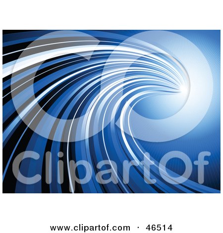 Royalty-Free (RF) Clipart Illustration of a Curving Wave Of Blue White And Black Leading Off To A Bright Light by KJ Pargeter