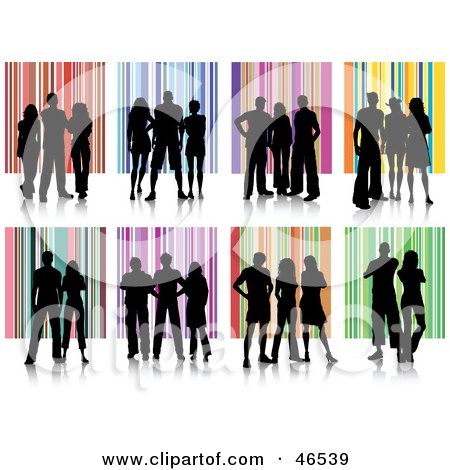Royalty-Free (RF) Clipart Illustration of a Digial Collage Of Silhouetted People Against Striped Backgrounds by KJ Pargeter