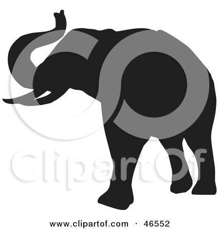 Royalty-Free (RF) Clipart Illustration of an Elephant Raising His Trunk Black Silhouette On White by KJ Pargeter