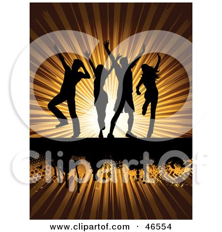 Royalty-Free (RF) Clipart Illustration of Silhouetted Adults Crumping On A Bursting Sun Background by KJ Pargeter