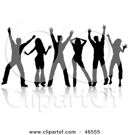 Royalty-Free (RF) Clipart Illustration of a Group Of Silhouetted People Dancing In A Line by KJ Pargeter