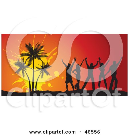 Royalty-Free (RF) Clipart Illustration of Young Silhouetted Adults Dancing By Palm Trees At A Summer Party by KJ Pargeter