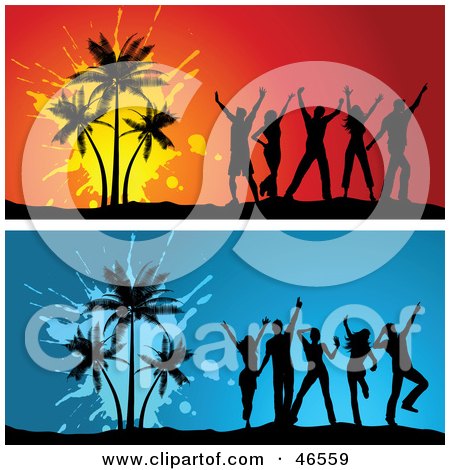 Royalty-Free (RF) Clipart Illustration of a Digital Collage Of Young Silhouetted Adults Dancing By Palm Trees by KJ Pargeter