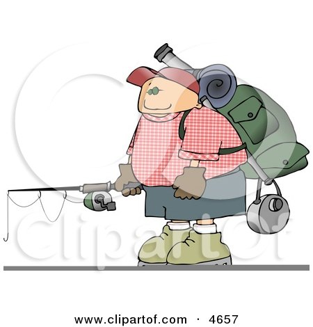 Young Male Hiker Carrying Camping Gear and a Fishing Pole Clipart by djart