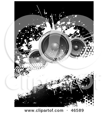 Royalty-Free (RF) Clipart Illustration of a Black And White Grunge Background With Three Speakers by KJ Pargeter
