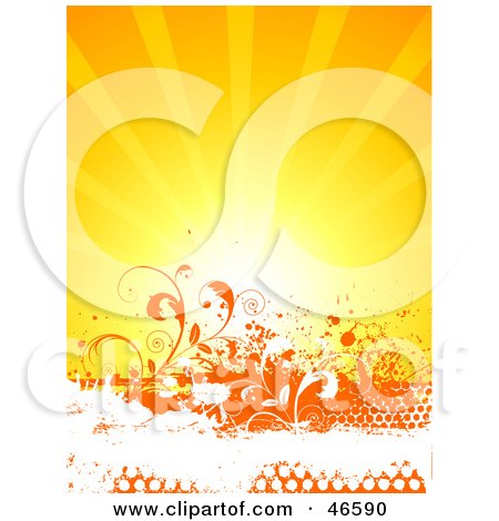 Royalty-Free (RF) Clipart Illustration of a Bright Sun Burst Over Orange Floral Grunge by KJ Pargeter