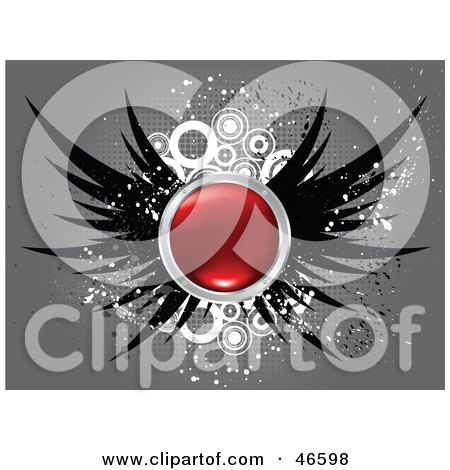 Royalty-Free (RF) Clipart Illustration of a Red Button With Black Wings On Gray Grunge With Circles by KJ Pargeter