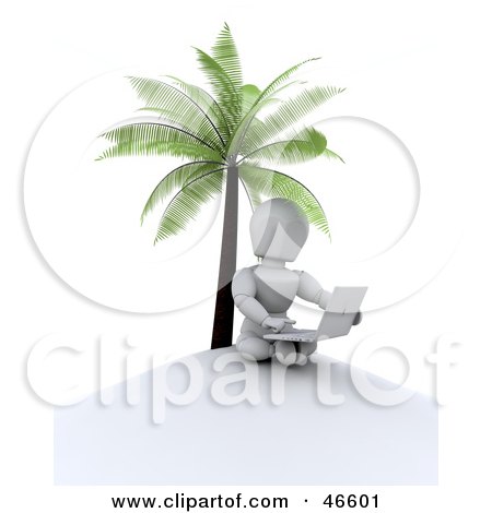 Royalty-Free (RF) Clipart Illustration of a 3d White Character With A Laptop Under A Palm Tree by KJ Pargeter