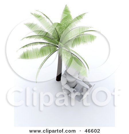 Royalty-Free (RF) Clipart Illustration of a 3d White Character Chatting On A Laptop While Sitting Under A Palm Tree by KJ Pargeter